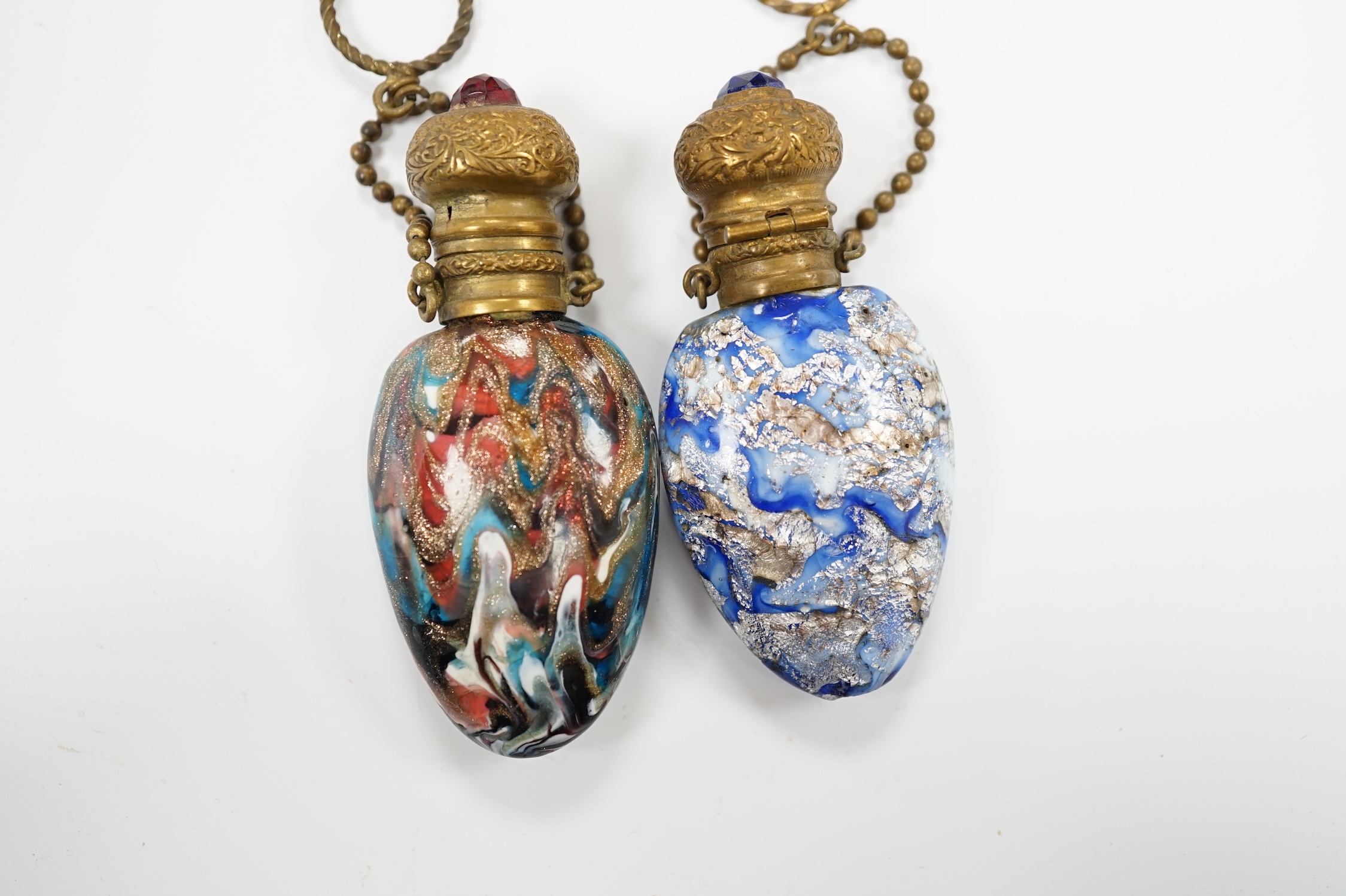 Two Venetian glass scent bottles with aventurine, gilt metal mounted, largest 7.5cm high